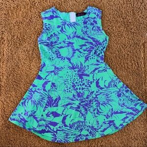Motel rocks green and purple Hawaiian dress